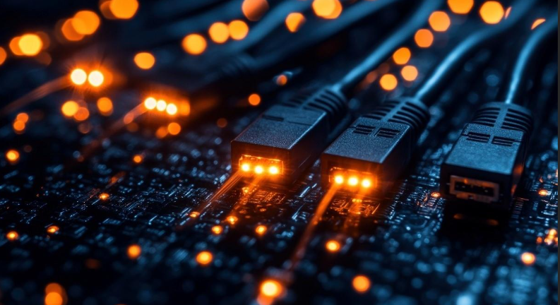 Close-up of glowing cables on a circuit board with orange lights.