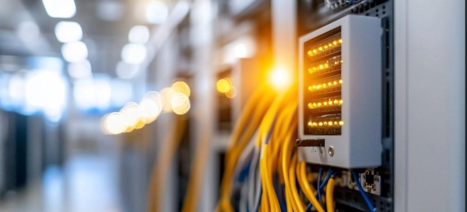 Close-up of network cables and switches in a data center with lights glowing.